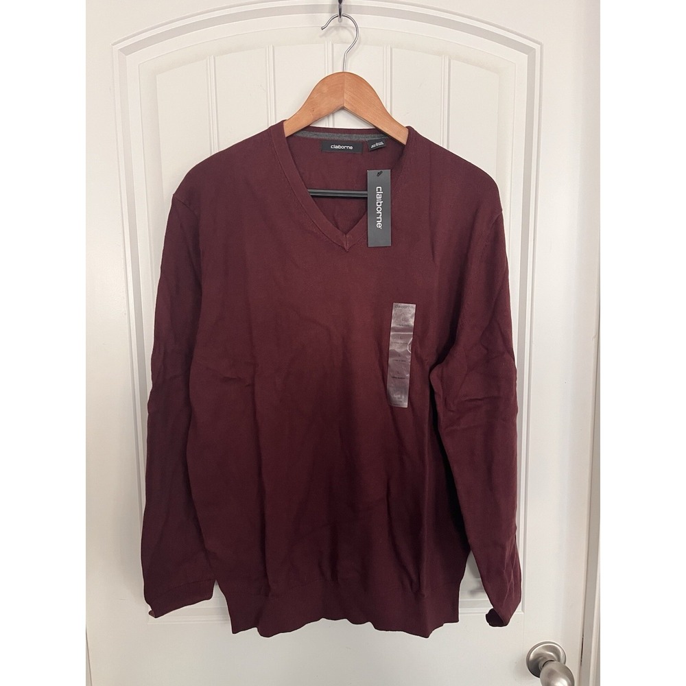 New! Claiborne Mens Pullover Sweater Wine V-Neck Long Sleeve L Cotton‎ Blend 231